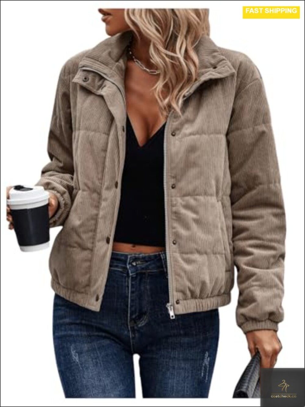 Women's Corduroy Quilted Puffer Jacket Zip Up Padded Bomber Coats